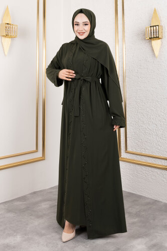 İç Elbiseli Abaya Takım TSD250121 Haki - 4
