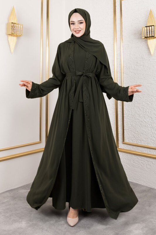 İç Elbiseli Abaya Takım TSD250121 Haki - 1