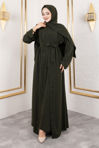 İç Elbiseli Abaya Takım TSD250121 Haki - 3