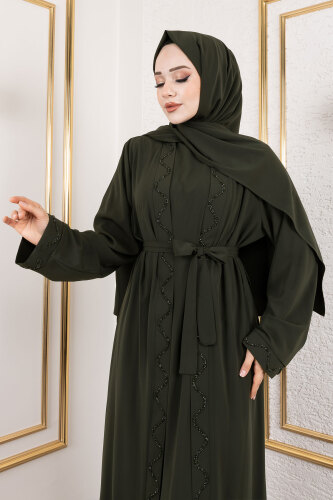 İç Elbiseli Abaya Takım TSD250121 Haki - Tesettür Dünyası (1)