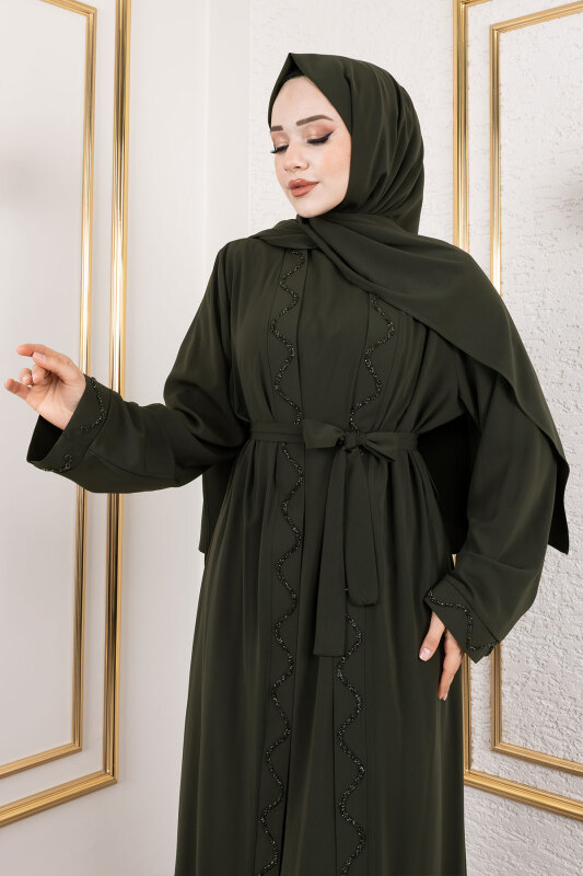 İç Elbiseli Abaya Takım TSD250121 Haki - 2