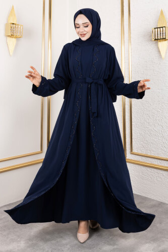 İç Elbiseli Abaya Takım TSD250121 Lacivert - 3