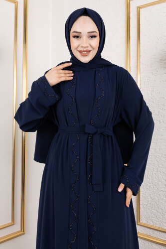 İç Elbiseli Abaya Takım TSD250121 Lacivert - 2