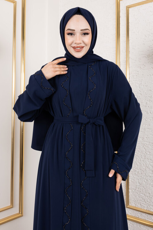 İç Elbiseli Abaya Takım TSD250121 Lacivert - 2