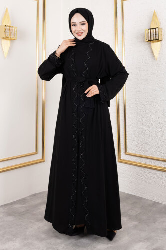 İç Elbiseli Abaya Takım TSD250121 Siyah - 4