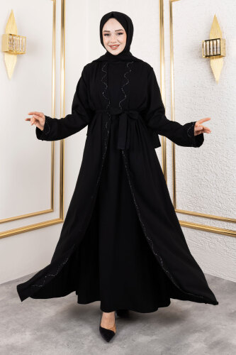 İç Elbiseli Abaya Takım TSD250121 Siyah 
