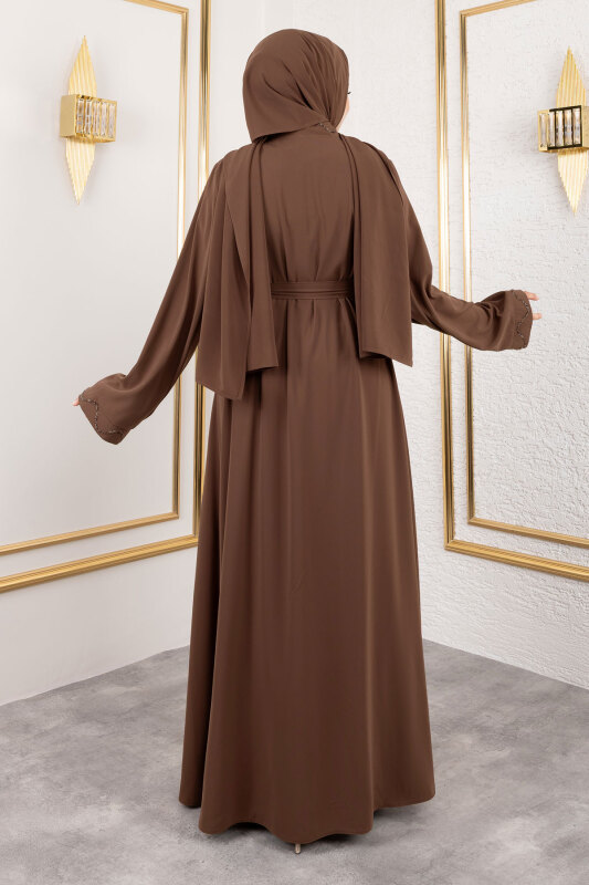 İç Elbiseli Abaya Takım TSD250121 Kahverengi - 5