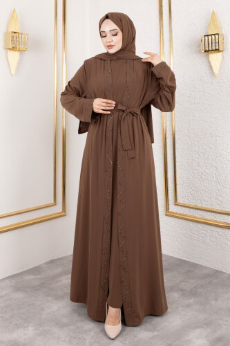 İç Elbiseli Abaya Takım TSD250121 Kahverengi - 4