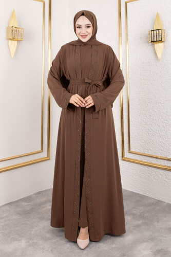 İç Elbiseli Abaya Takım TSD250121 Kahverengi - 1
