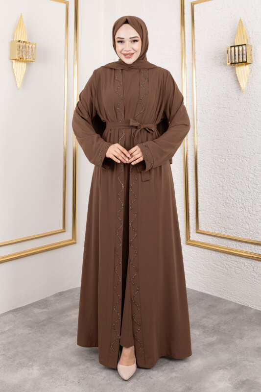 İç Elbiseli Abaya Takım TSD250121 Kahverengi - 1