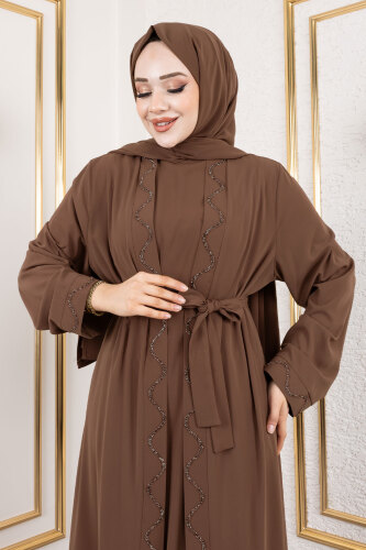 İç Elbiseli Abaya Takım TSD250121 Kahverengi - 2