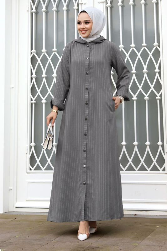 Ahsen Boydan Düğmeli Kap TSD240103 Gri - Tesettür Dünyası