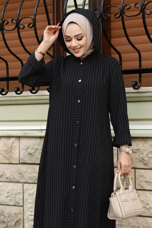 Ahsen Boydan Düğmeli Kap TSD240103 Siyah - Tesettür Dünyası (1)