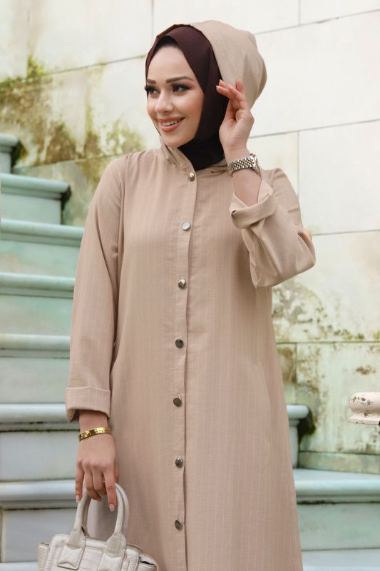 Ahsen Boydan Düğmeli Kap TSD240103 Vizon - Tesettür Dünyası (1)