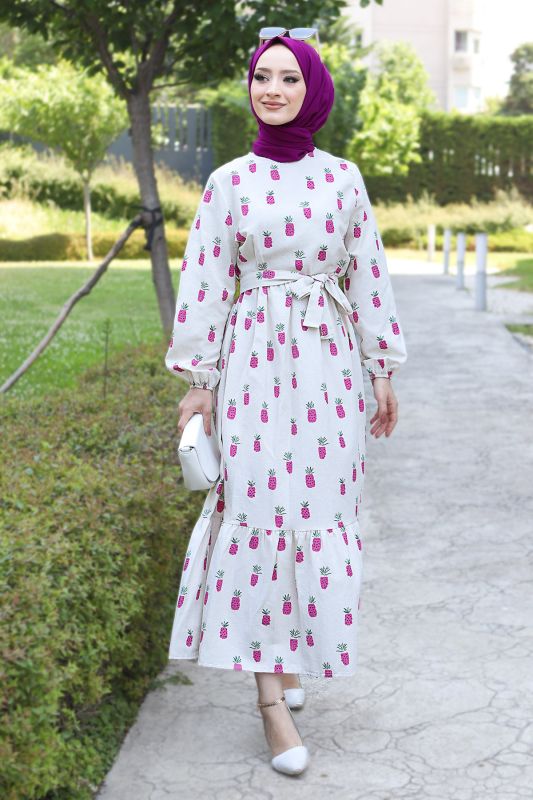 Ananas Desenli Elbise TSD220534 Pembe - 2