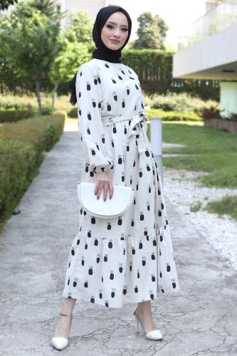 Ananas Desenli Elbise TSD220534 Siyah 