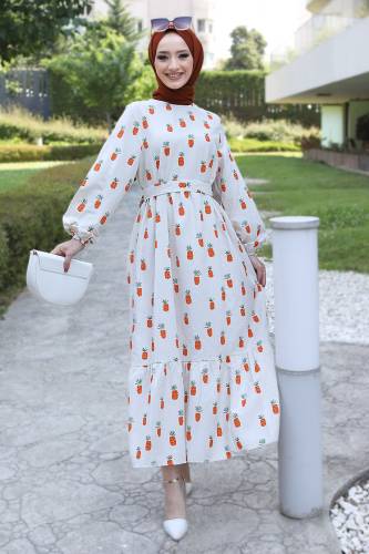 Ananas Desenli Elbise TSD220534 Turuncu 