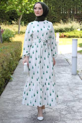 Ananas Desenli Elbise TSD220534 Yeşil 