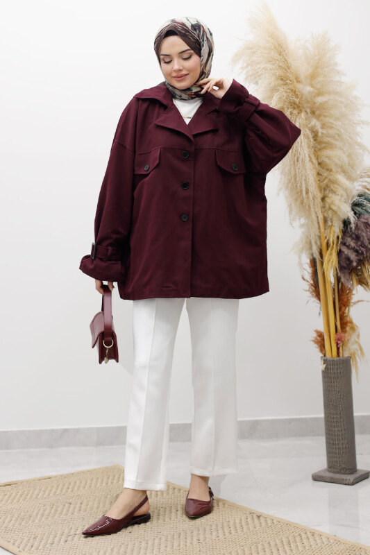 Apolet Detaylı Kruvaze Yaka Trençkot TSD260128 Bordo - 3