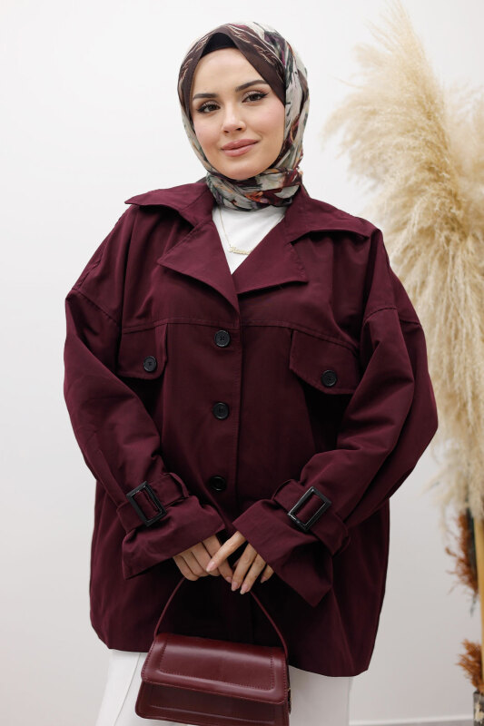 Apolet Detaylı Kruvaze Yaka Trençkot TSD260128 Bordo - 2