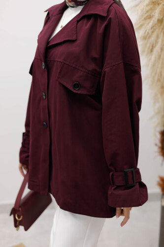 Apolet Detaylı Kruvaze Yaka Trençkot TSD260128 Bordo - 4