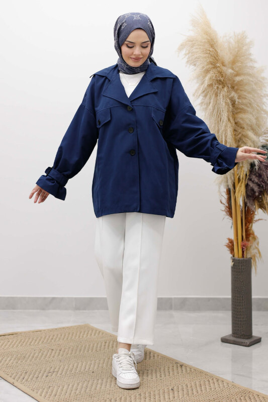 Apolet Detaylı Kruvaze Yaka Trençkot TSD260128 Lacivert - 3