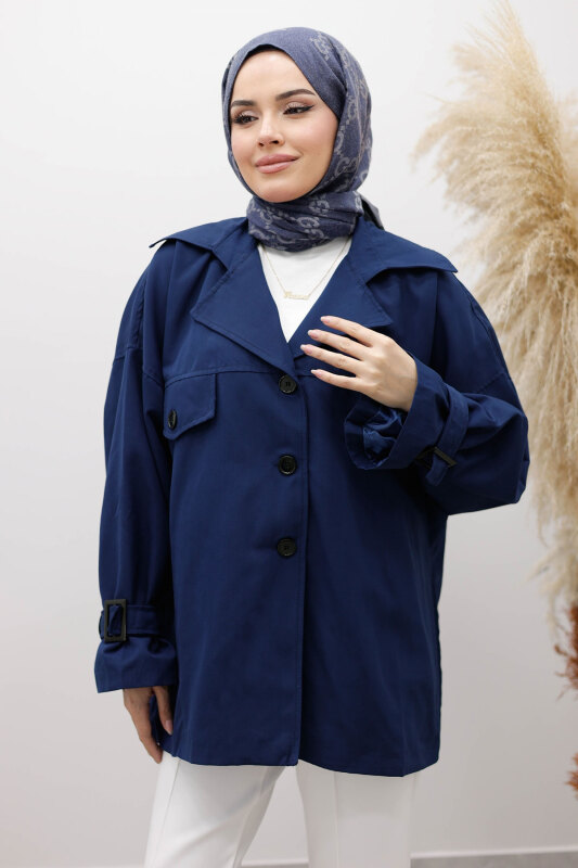 Apolet Detaylı Kruvaze Yaka Trençkot TSD260128 Lacivert - 2