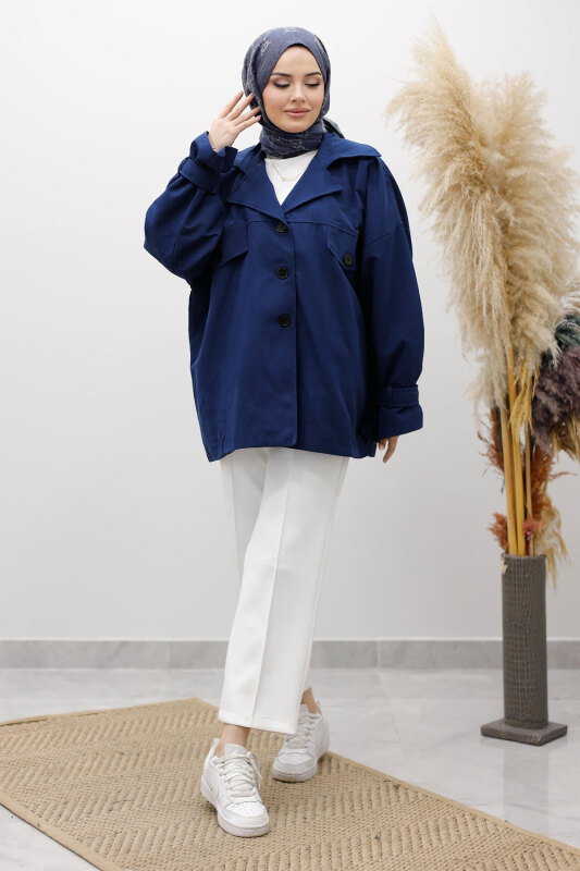 Apolet Detaylı Kruvaze Yaka Trençkot TSD260128 Lacivert - 1