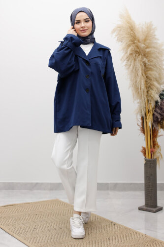 Apolet Detaylı Kruvaze Yaka Trençkot TSD260128 Lacivert - 5