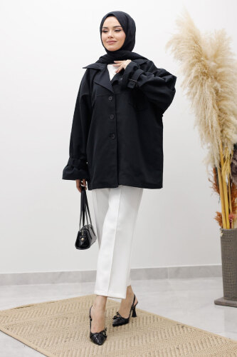 Apolet Detaylı Kruvaze Yaka Trençkot TSD260128 Siyah 