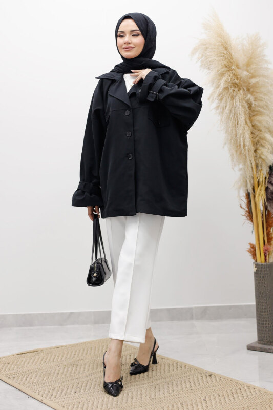 Apolet Detaylı Kruvaze Yaka Trençkot TSD260128 Siyah - 1