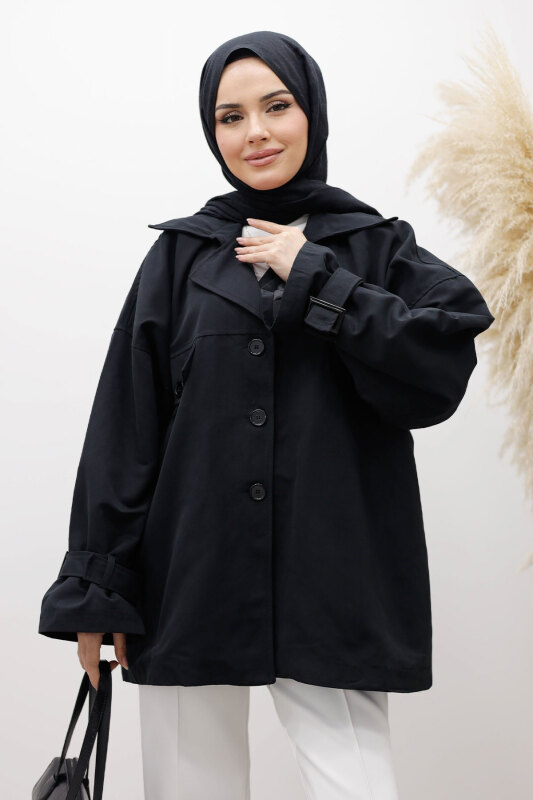 Apolet Detaylı Kruvaze Yaka Trençkot TSD260128 Siyah - 2