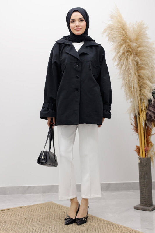 Apolet Detaylı Kruvaze Yaka Trençkot TSD260128 Siyah - 3