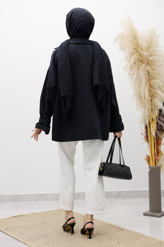 Apolet Detaylı Kruvaze Yaka Trençkot TSD260128 Siyah - 6