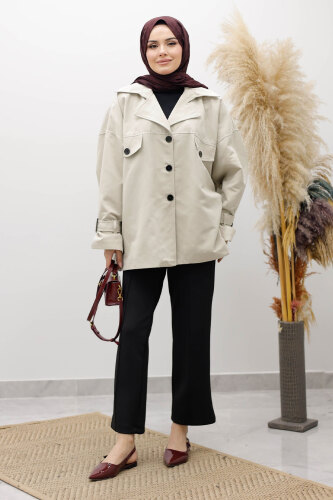 Apolet Detaylı Kruvaze Yaka Trençkot TSD260128 Taş rengi - 3