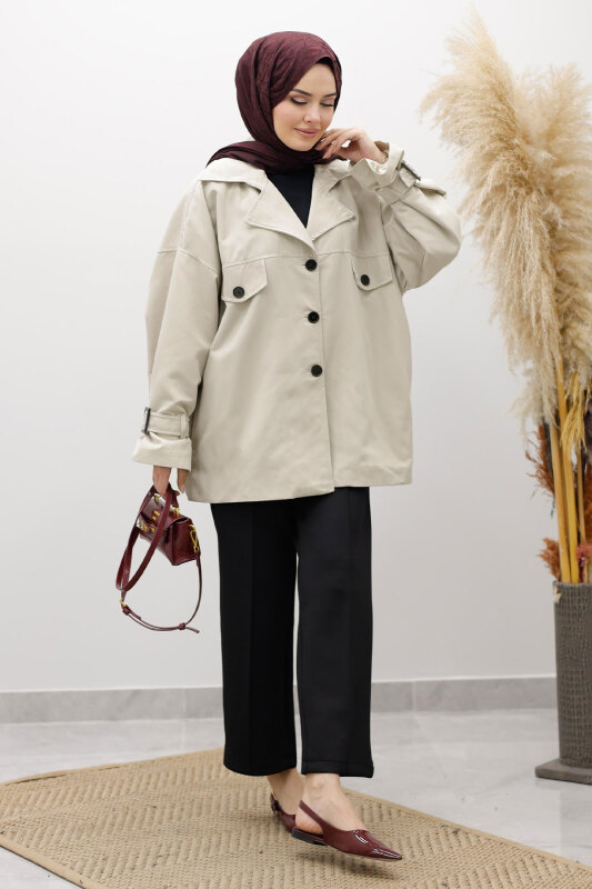 Apolet Detaylı Kruvaze Yaka Trençkot TSD260128 Taş rengi - 1