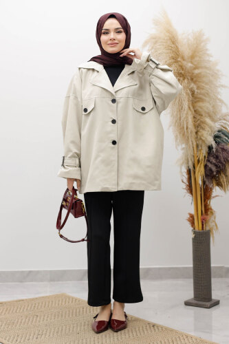Apolet Detaylı Kruvaze Yaka Trençkot TSD260128 Taş rengi - 5
