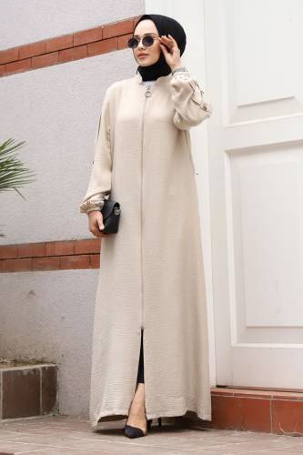 Arkası A Pileli Kolu Düğme Detaylı Ferace TSD240501 Bej 