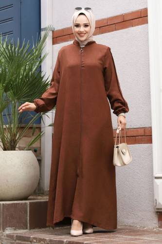 Arkası A Pileli Kolu Düğme Detaylı Ferace TSD240501 Kahverengi 