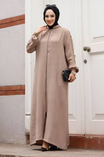 Arkası A Pileli Kolu Düğme Detaylı Ferace TSD240501 Vizon - Tesettür Dünyası