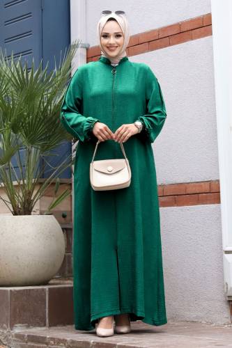 Arkası A Pileli Kolu Düğme Detaylı Ferace TSD240501 Zümrüt Yeşili 