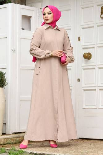 Arkası A pileli Tesettür Ferace TSD240226 Bej 