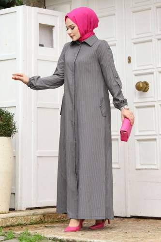 Arkası A pileli Tesettür Ferace TSD240226 Gri - 3