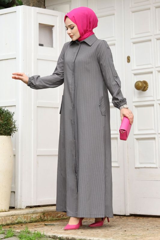 Arkası A pileli Tesettür Ferace TSD240226 Gri - 3