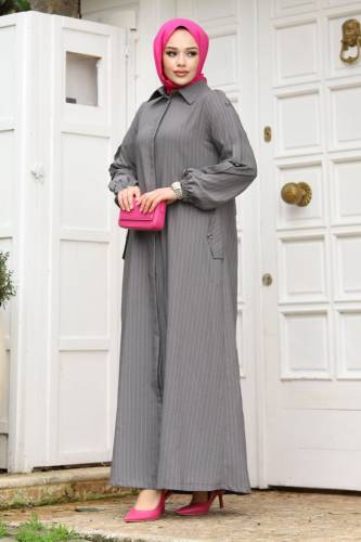 Arkası A pileli Tesettür Ferace TSD240226 Gri - 4
