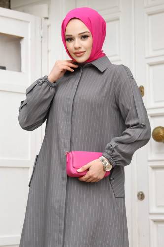 Arkası A pileli Tesettür Ferace TSD240226 Gri - 2