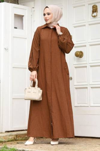 Arkası A pileli Tesettür Ferace TSD240226 Kahverengi 
