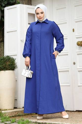 Arkası A pileli Tesettür Ferace TSD240226 Saks Mavisi 