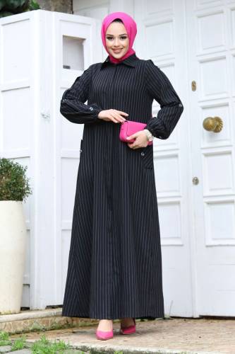 Arkası A pileli Tesettür Ferace TSD240226 Siyah 