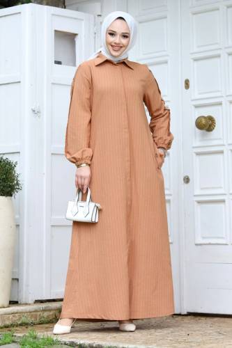 Arkası A pileli Tesettür Ferace TSD240226 Taba 